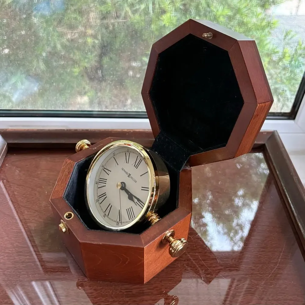 Vintage Howard Miller Hinged Wood Desk Clock Rotating Brass Roman Numeral